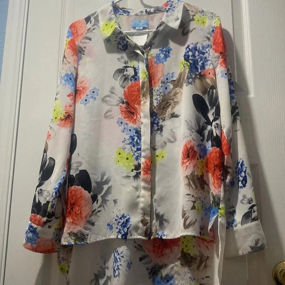 CECE PINK MULTI-COLOR FLORAL PRINT LONG SLEEVE BLOUSE, SIZE M - Picture 1 of 6